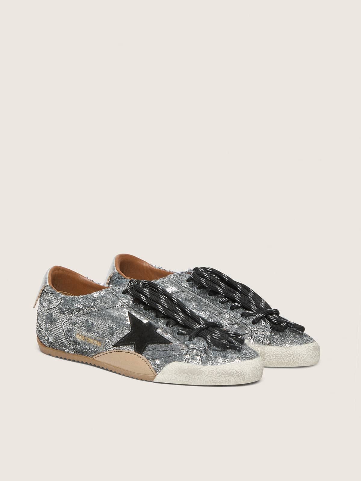 Golden Goose Men's True-Star in silver sequins with black star and silver leather heel tab