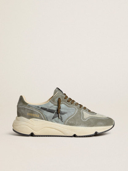 Golden Goose Men's Running Sole in light blue nylon with black star and green leather heel tab