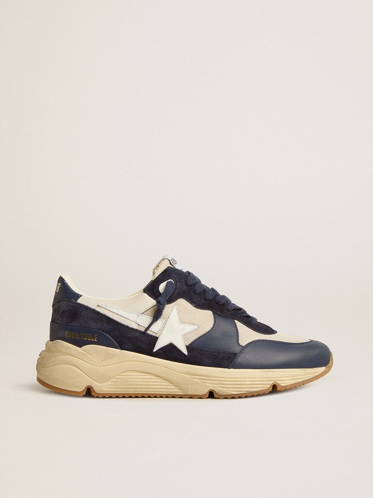 Golden Goose Running Sole in cream mesh and blue leather with a white leather star