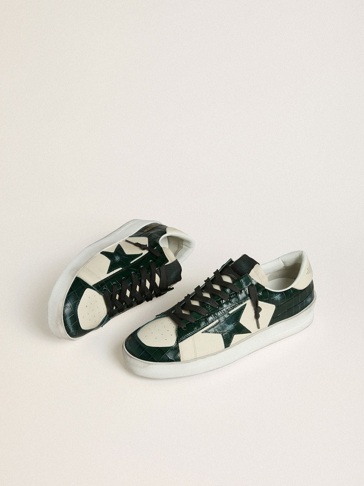 Golden Goose Men's Stardan LTD in cream leather with green crocodile-print leather star and inserts