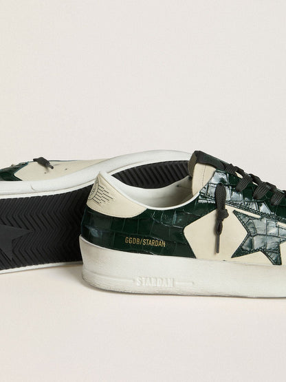 Golden Goose Men's Stardan LTD in cream leather with green crocodile-print leather star and inserts
