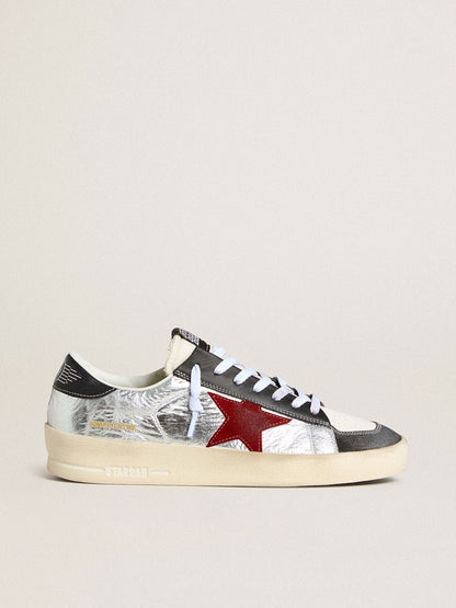 Golden Goose Men’s Stardan in laminated silver nylon with burgundy suede star