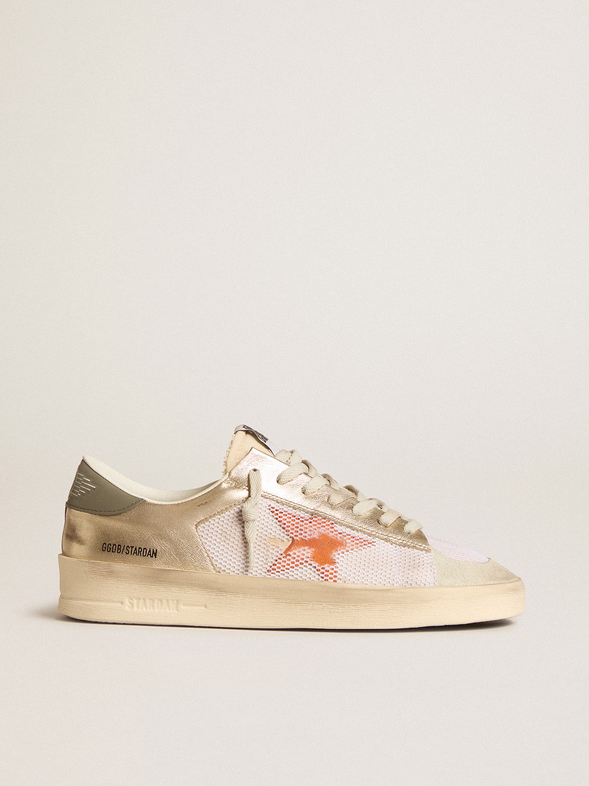 Golden Goose Stardan in white mesh with orange star and platinum leather inserts