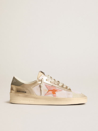 Golden Goose Stardan in white mesh with orange star and platinum leather inserts