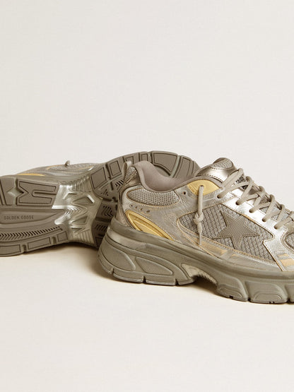 Golden Goose Men’s Lightstar in metallic leather and silver mesh with gray star