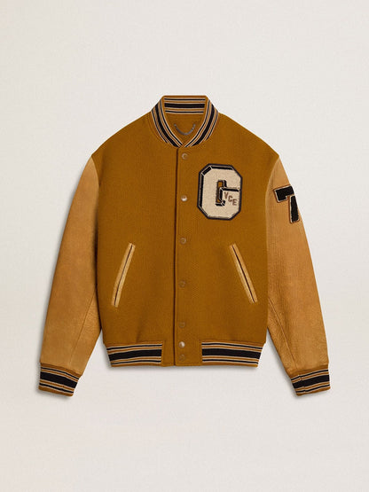 Golden Goose Ochre yellow wool bomber jacket with leather sleeves