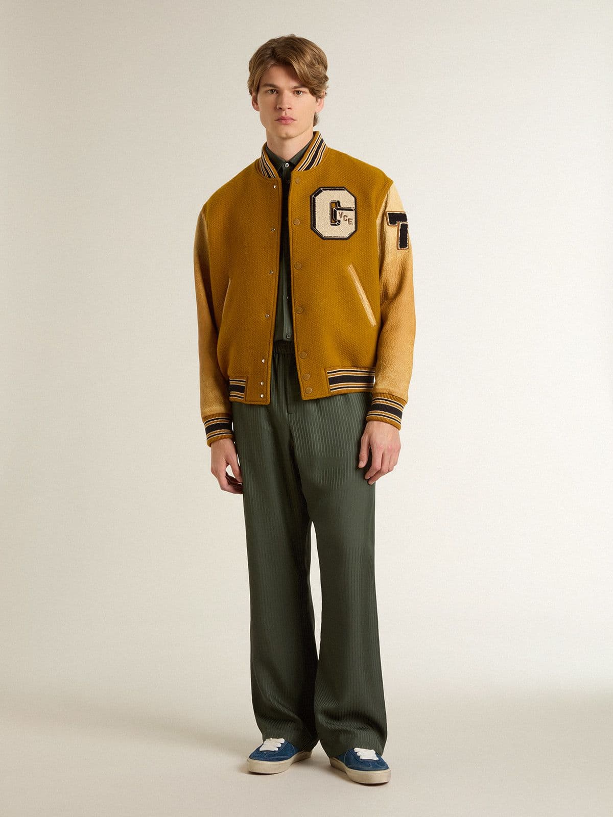 Golden Goose Ochre yellow wool bomber jacket with leather sleeves