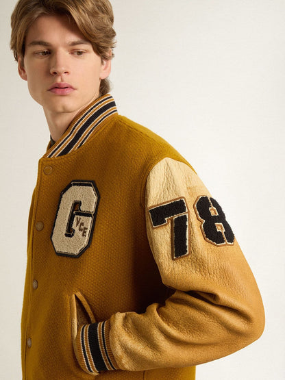 Golden Goose Ochre yellow wool bomber jacket with leather sleeves