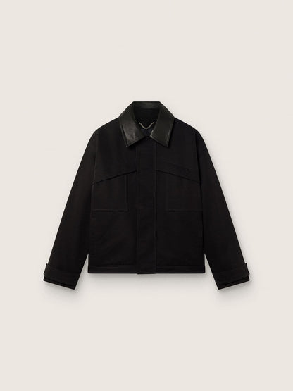 Golden Goose Men's short padded jacket in black cotton with leather collar