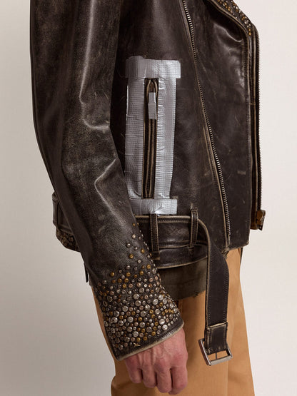 Golden Goose Men's leather biker jacket with hammered studs and adhesive tape