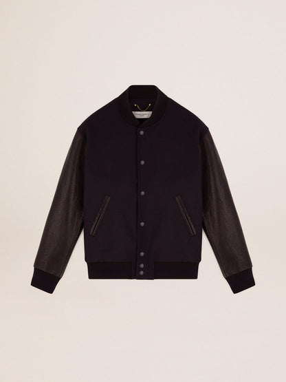 Golden Goose Men’s bomber jacker in blue wool and black leather | Golden Goose