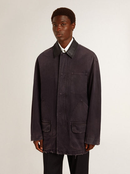 Golden Goose Men's denim jacket with distressed details and leather collar