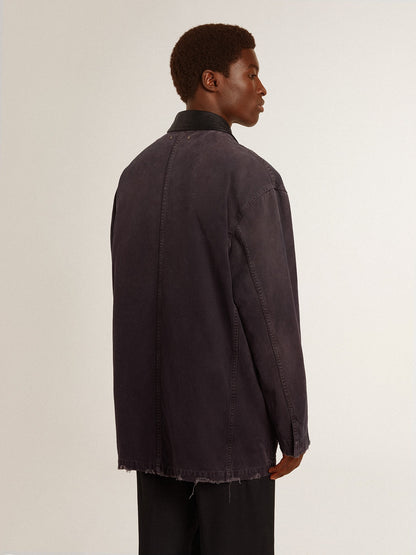 Golden Goose Men's denim jacket with distressed details and leather collar