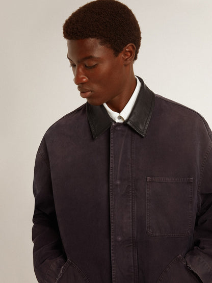 Golden Goose Men's denim jacket with distressed details and leather collar