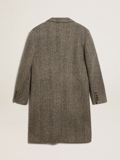 Golden Goose Men's single-breasted wool coat with beige and gray herringbone weave