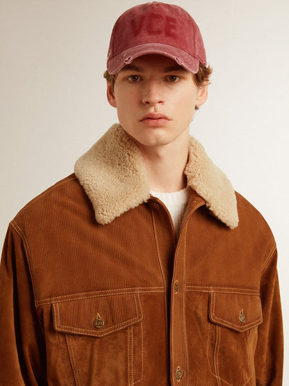 Golden Goose Men's jacket in tobacco-colored split leather with a shearling collar