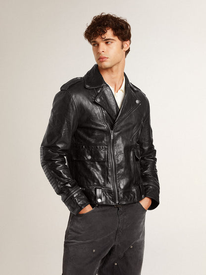 Golden Goose Men’s black leather biker jacket with glossy effect