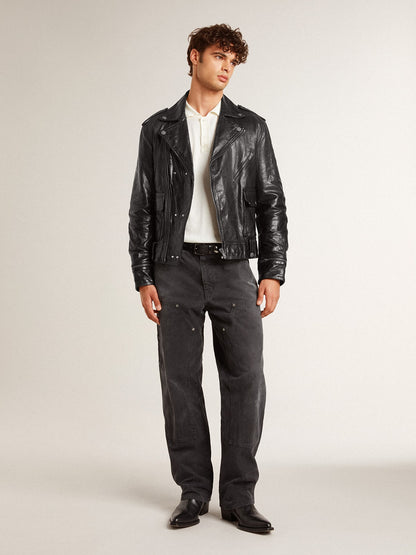 Golden Goose Men’s black leather biker jacket with glossy effect