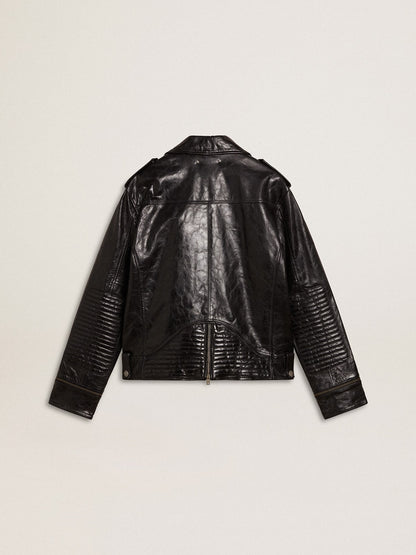 Golden Goose Men’s black leather biker jacket with glossy effect