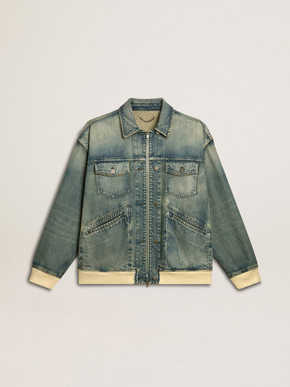 Golden Goose Men's washed denim jacket with wool blend ribbing