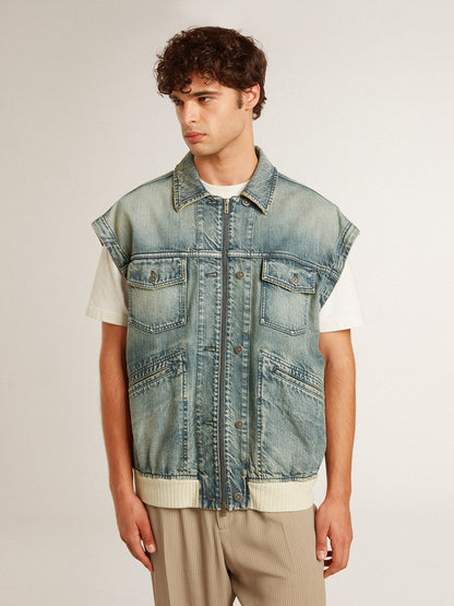 Golden Goose Men's washed denim jacket with wool blend ribbing