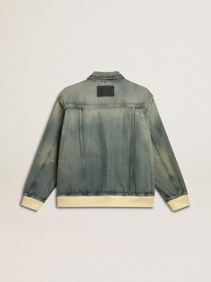 Golden Goose Men's washed denim jacket with wool blend ribbing