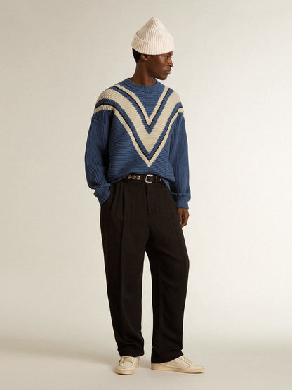 Golden Goose Men's light blue jacquard wool sweater with cream-colored pattern