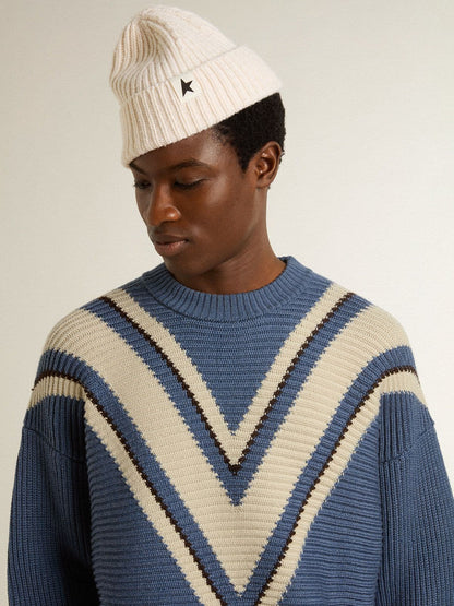 Golden Goose Men's light blue jacquard wool sweater with cream-colored pattern