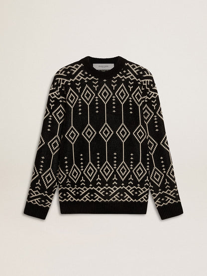 Golden Goose Men’s crew neck wool blend sweater with jacquard argyle design