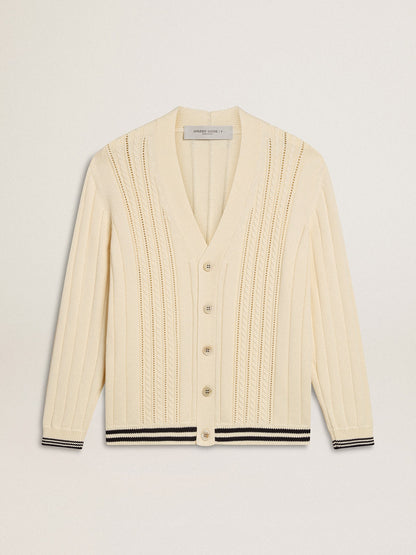 Golden Goose Men's white cotton cardigan with a cable pattern and blue ribbing