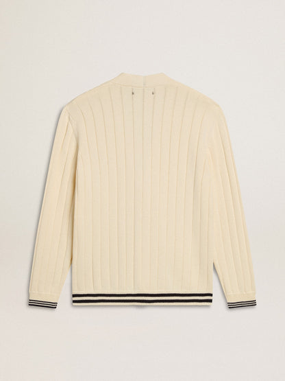 Golden Goose Men's white cotton cardigan with a cable pattern and blue ribbing