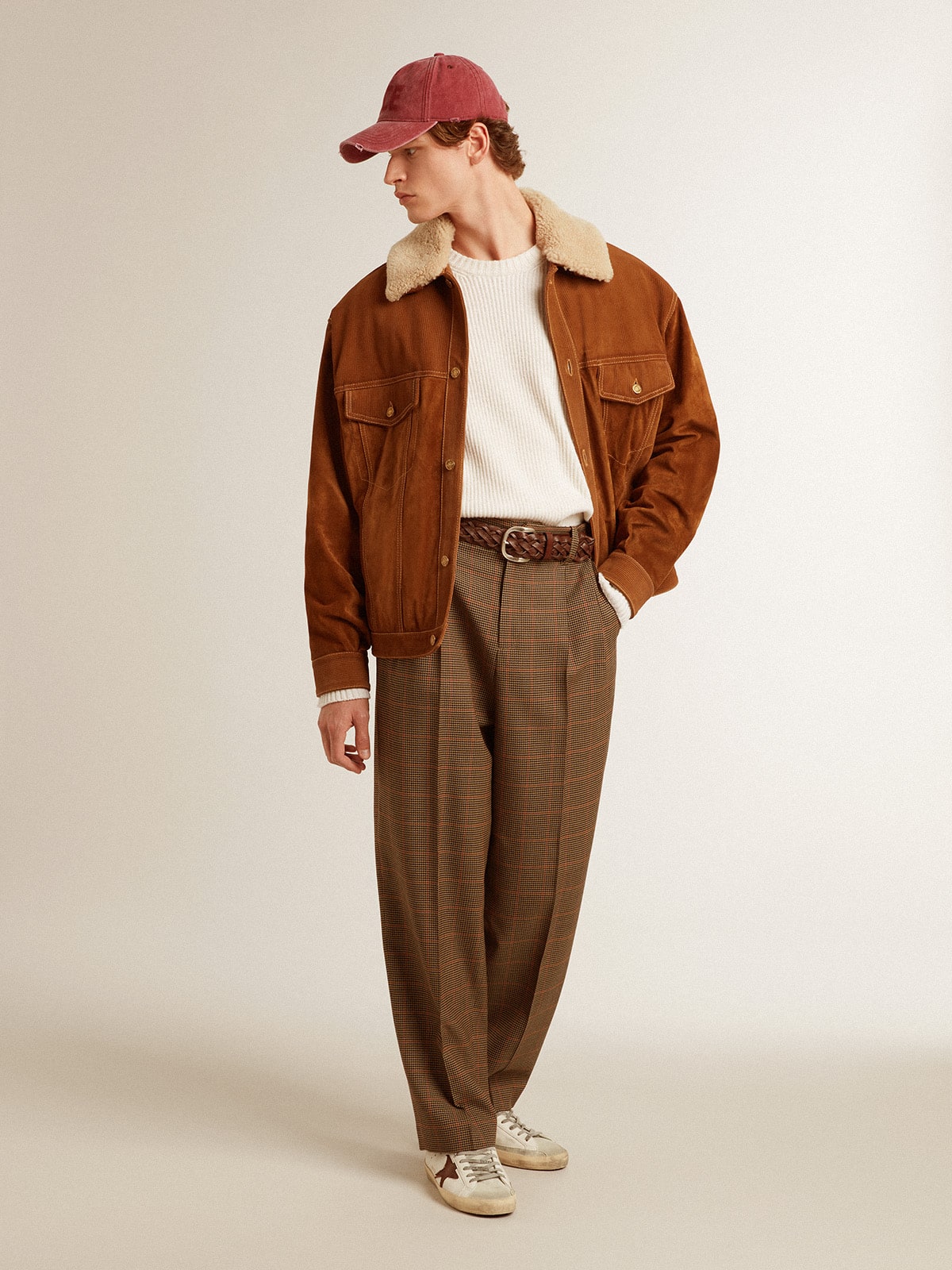 Golden Goose Men's crew-neck sweater in worn white ribbed wool