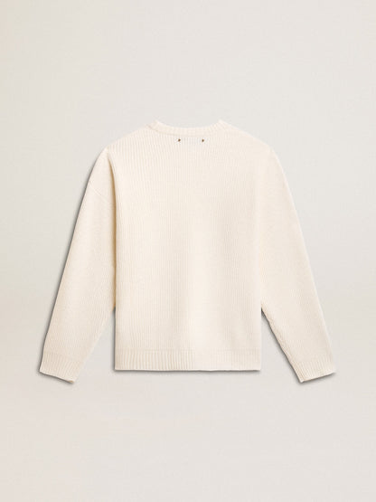 Golden Goose Men's crew-neck sweater in worn white ribbed wool