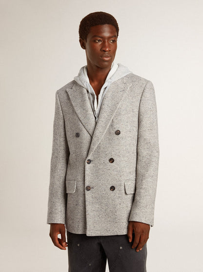 Golden Goose Men's double-breasted jacket in gray silk and chevron wool