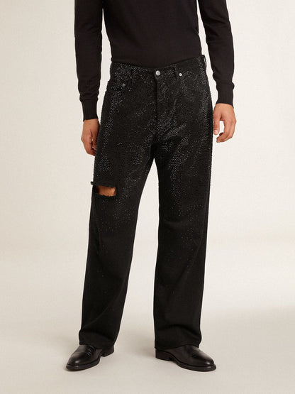 Golden Goose Men's black jeans with a loose fit and gradient effect all-over crystals