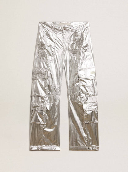 Golden Goose Men's cargo pants in silver technical fabric