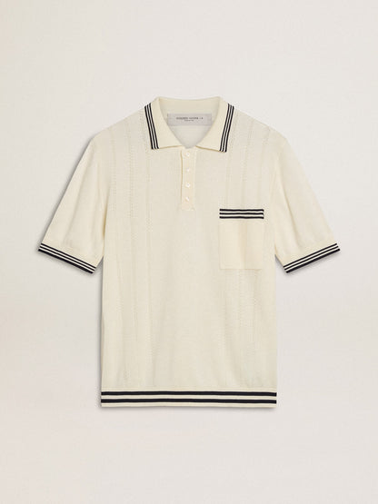Golden Goose Men's worn-white knitted polo shirt with blue ribbing