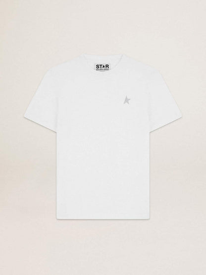 Golden Goose Men's white T-shirt with silver glitter star on the front