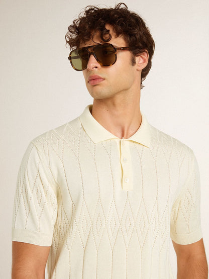 Golden Goose Men's white jacquard knit polo shirt