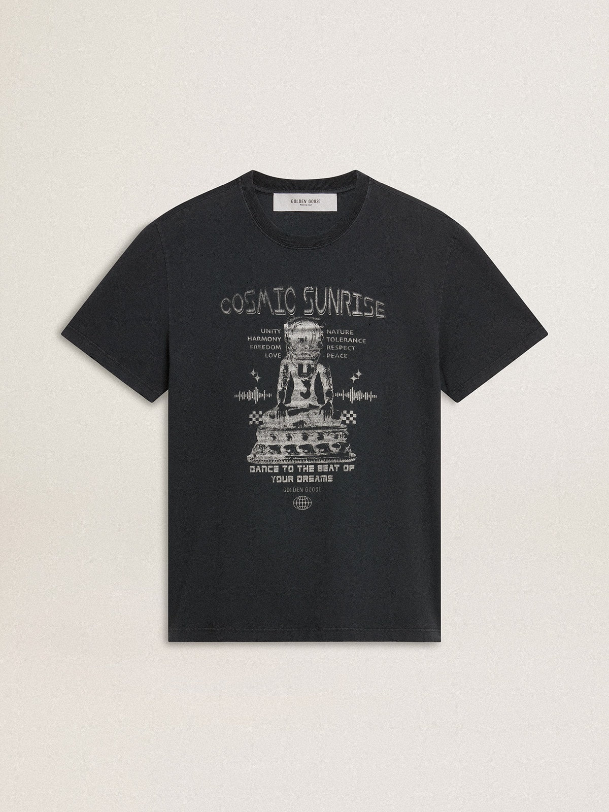 Golden Goose Men’s worn-black cotton T-shirt with print on the front