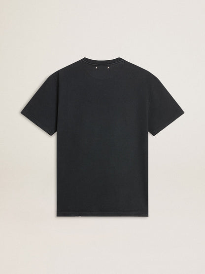 Golden Goose Men’s worn-black cotton T-shirt with print on the front