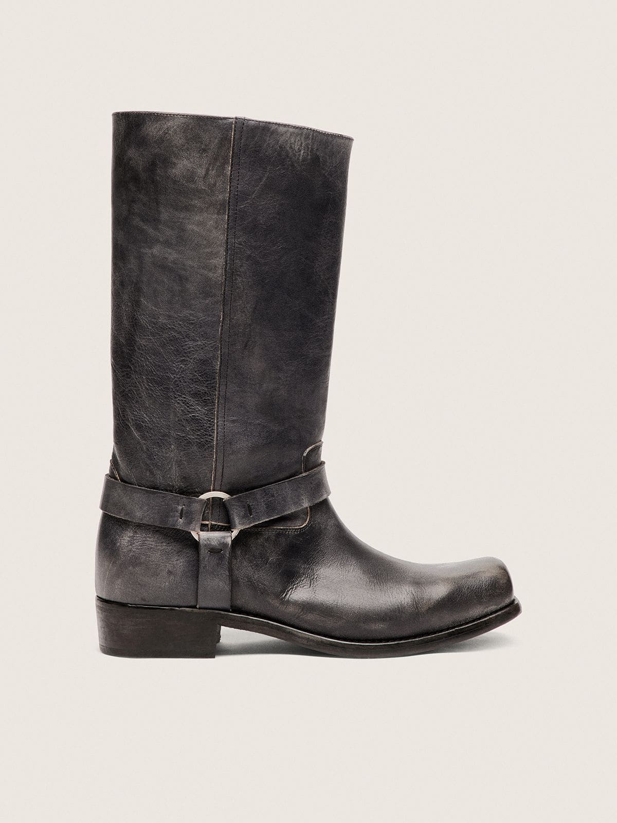 Golden Goose Men's high Biker boots in black leather with strap and silver-colored buckle