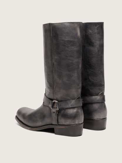 Golden Goose Men's high Biker boots in black leather with strap and silver-colored buckle
