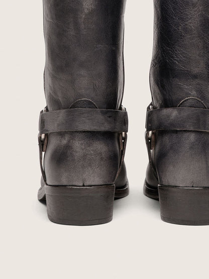 Golden Goose Men's high Biker boots in black leather with strap and silver-colored buckle