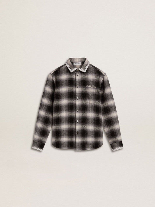 Golden Goose Kids' black and white checked shirt with white embroidery