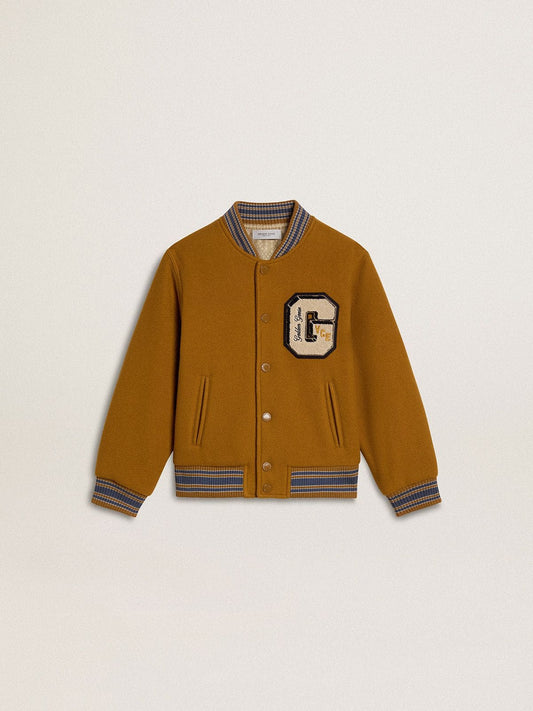 Golden Goose Kids’ wool bomber jacket in ochre yellow with patch