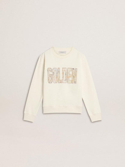 Golden Goose Girls' white sweatshirt with multicolor Golden writing on the front