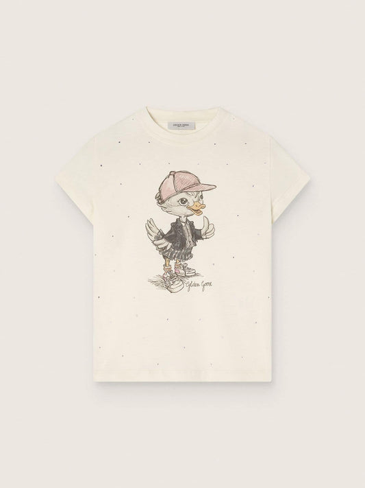 Golden Goose Journey T-shirt for girls in white cotton jersey with digital mascot print and crystal appliqués