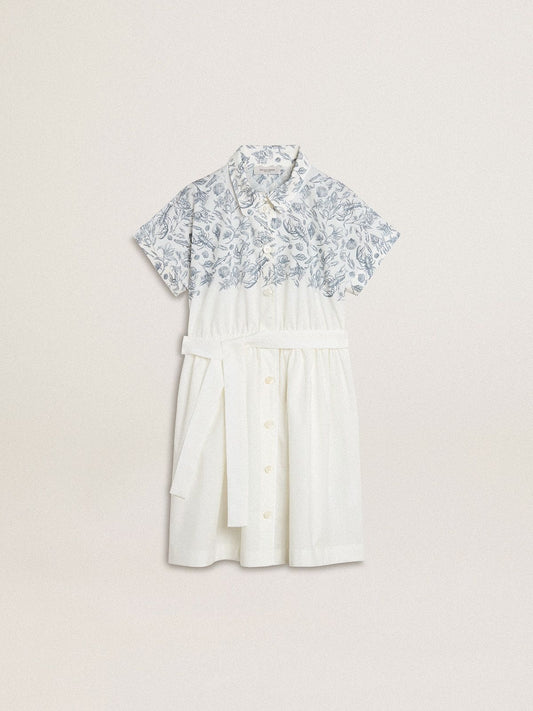 Golden Goose Girls’ shirt dress in white cotton canvas with a blue nautical print and white piping