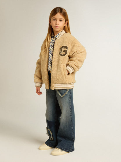 Golden Goose Kids beige fleece bomber jacket